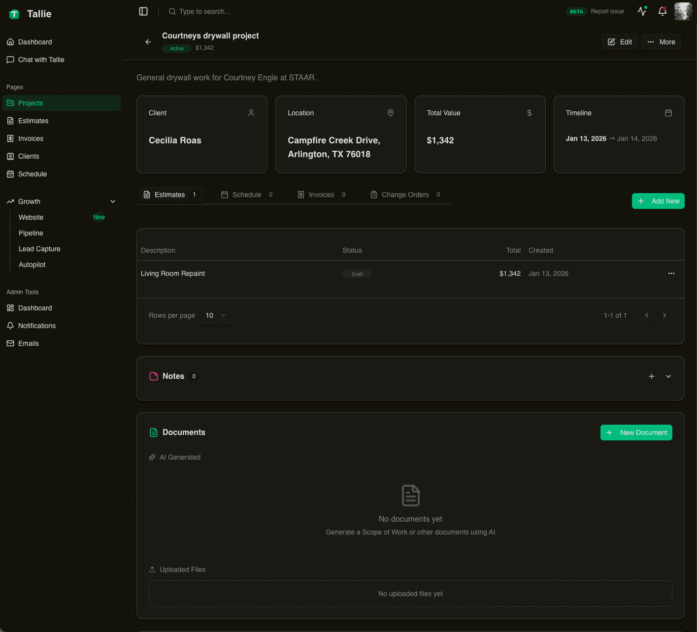 Tallie project detail page with linked documents